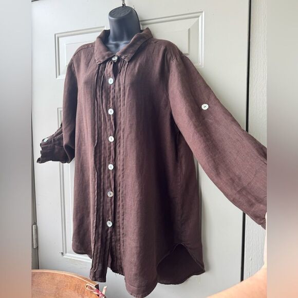 Match Point Tan Brown 3/4 Sleeve 100% Linen Tunic Top Coastal Grandma Small - Picture 2 of 10